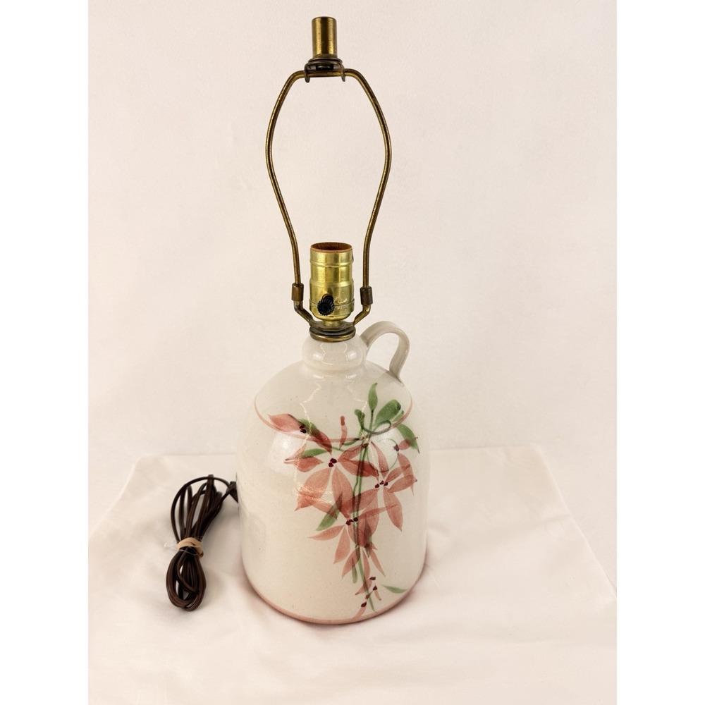 Vintage Hand Painted Floral Ceramic Jug Table Lamp Brass Harp Working